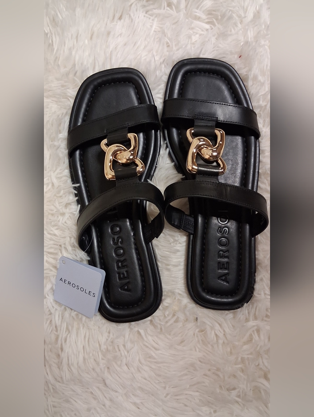 AEROSOLES Black Slide Sandals with Gold Chain Accent